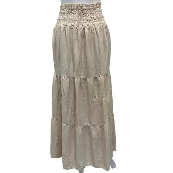 Wildfox Beige‎ Louisa Tiered Maxi Skirt Linen Blend Boho Cottage Peasant Prairie - Picture 3 of 10